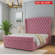 (Pink (No Mattress), 4ft6" Double (No Gaslift)) Sleigh Bed Frame Velvet Upholster Double Bed