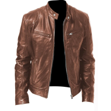 (XL)Men's Motorcycle Leather Jacket Stand Collar Zipper Multi-Pocket