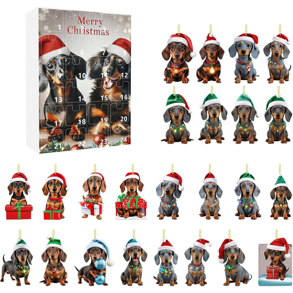 Christmas Decorations 2024 Festival Vacation Advent Calendar 24 Day Christmas Countdown Calendar Dachshund Pendant With Santa Hats 2D Xmas Tree Chicke
