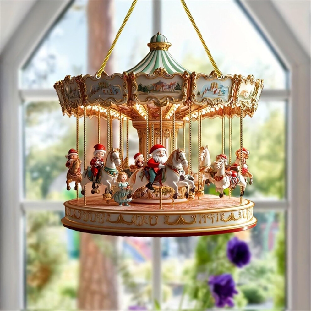 (Aa) Christmas Decorations Novelty Festive Christmas Ornaments Acrylic Santa Claus Carousel Acrylic Pendant Porch Window Decoration Hanging Xmas Ornam