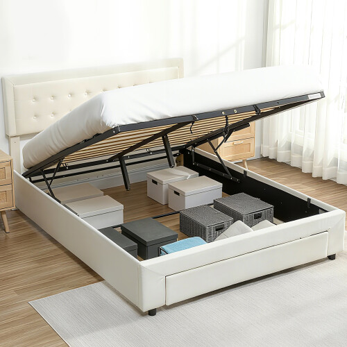 Homcom (Cream) HOMCOM King Size Bed Frame with Storage and Adjustable Headboard 1