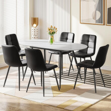 (set of 6) Extendable Dining Table and Chairs Set of 4/6, Oval Mable Effect Table with Upholstered Chairs( Black PU)