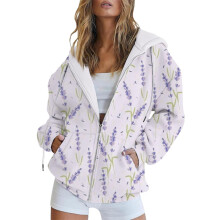 Casual Hoodies for Women XL Purple Long Sleeve Floral Print Hooded Jacket with Pockets for Autumn and Winter 2024