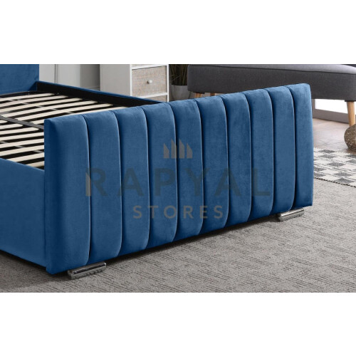 (Super King, With Ottoman Storage, Blue) Velvet Upholstered Panel Bedframe with Optional Ottoman Storage 2