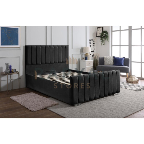 (Super King, With Ottoman Storage, Black) Velvet Upholstered Panel Bedframe with Optional Ottoman Storage