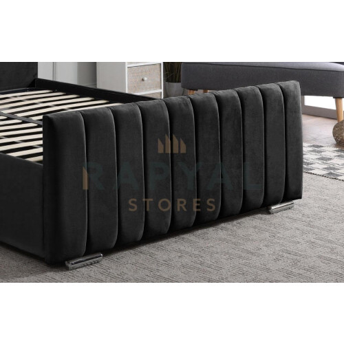 (Super King, With Ottoman Storage, Black) Velvet Upholstered Panel Bedframe with Optional Ottoman Storage 2