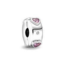 (A567) 925 Silver Oval Cabochon Zircon Sparkling Pink Hearts Clip Charm Beads Fit Original Brand 1:1 Logo Bracelet DIY Fashion Woman Jewelry