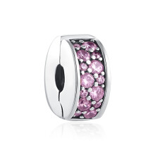 (A1203fen) 925 Silver Oval Cabochon Zircon Sparkling Pink Hearts Clip Charm Beads Fit Original Brand 1:1 Logo Bracelet DIY Fashion Woman Jewelry