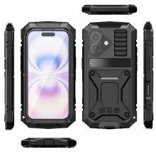 (Black) Metal Case for iphone 17 Shockproofheavy Glass Screen Protector 360 Full Body Protective Cover Withkickstand