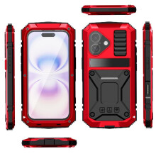 (Red) Metal Case for iphone 17 Shockproofheavy Glass Screen Protector 360 Full Body Protective Cover Withkickstand