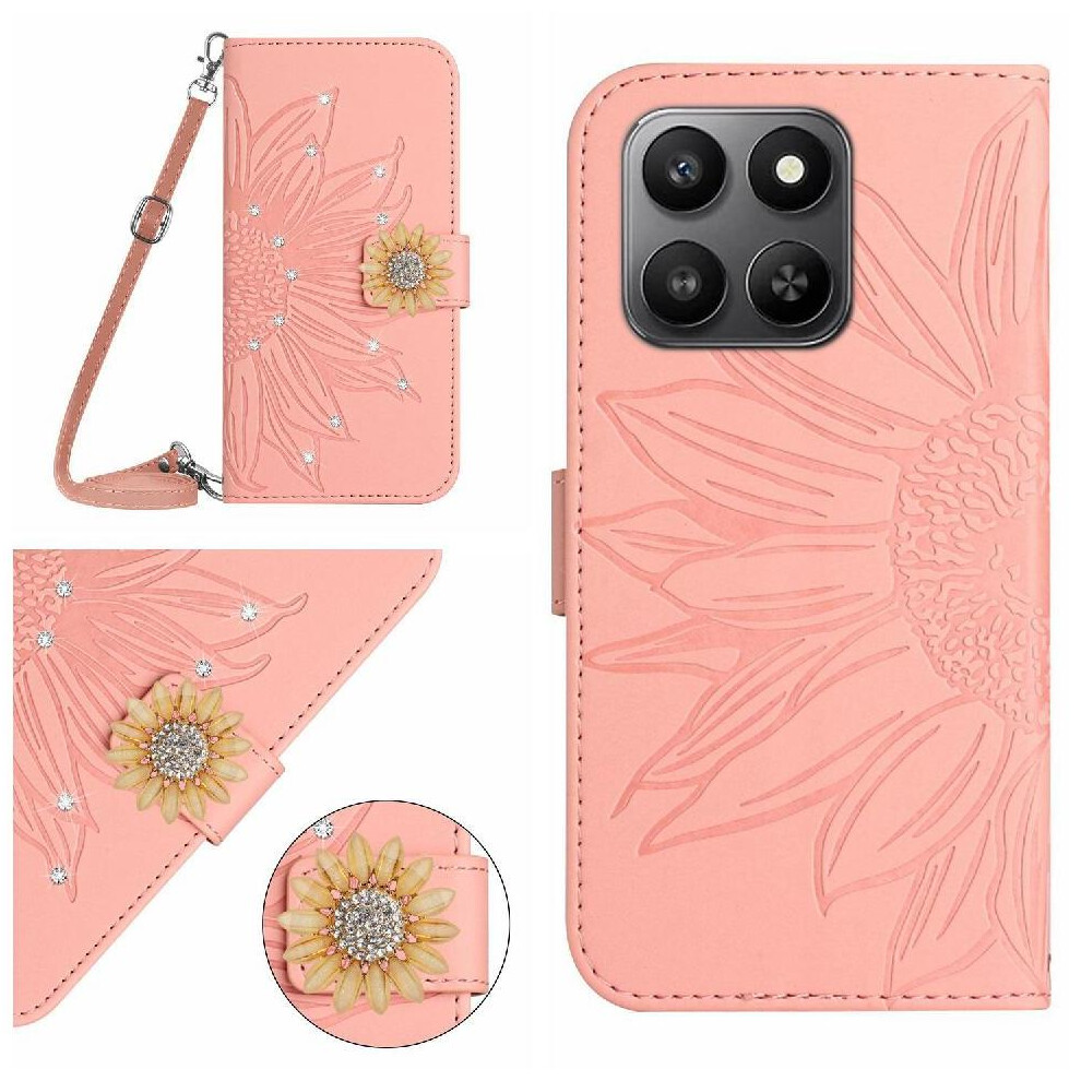 (Pink) Flip Case For Honor 400 Smart With Card Slot Stand Kickstand Protective With A Long Lanyard Sunflower Leather Wallet Pink 764563181957
