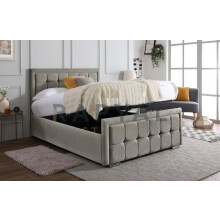 (Small Double, With Ottoman Storage, Silver) Cuba Velvet Bedframe with Memory Mattress & Optional Ottoman Storage