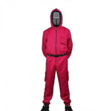 (XL 140-150CM, with triangle mask) Kid Halloween Squid Game Cosplay Jumpsuit Cosplay Costume Set - Hz