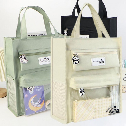(White) Multi Pockets Bookbags with Handle Zipper Document Bag for Women Men 1