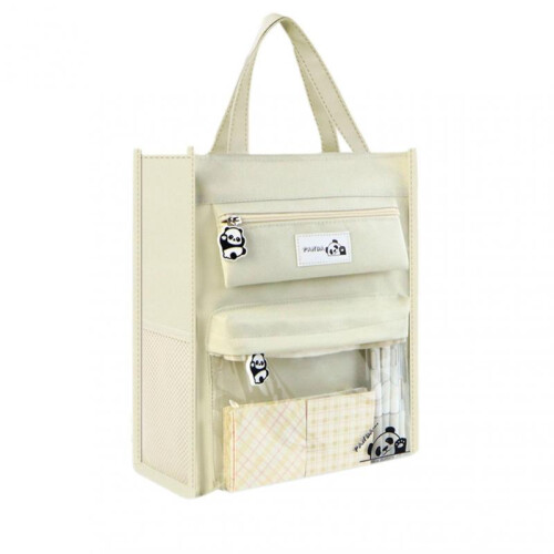 (White) Multi Pockets Bookbags with Handle Zipper Document Bag for Women Men