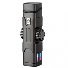 (Grey) Windproof Double Arc Lighter with Colorful Led Light for Lighter Lover