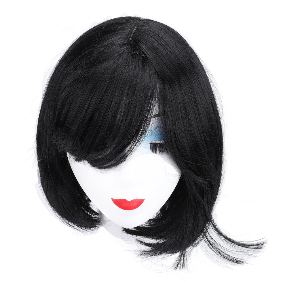 Women Bob Wig with Bangs, Shoulder Length, Black Synthetic Fiber W-381