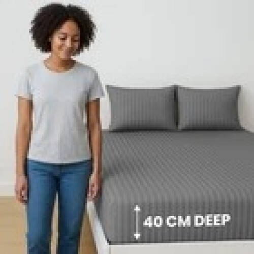 (Single, Grey) Stripe Fitted Bed Sheet 40cm Deep- Elastic Microfiber Fitted Sheet