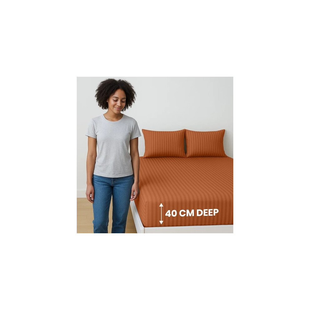(Double, Rust) Stripe Fitted Bed Sheet 40cm Deep- Elastic Microfiber Fitted Sheet-image-OPC-PKBRJ5P-NEW