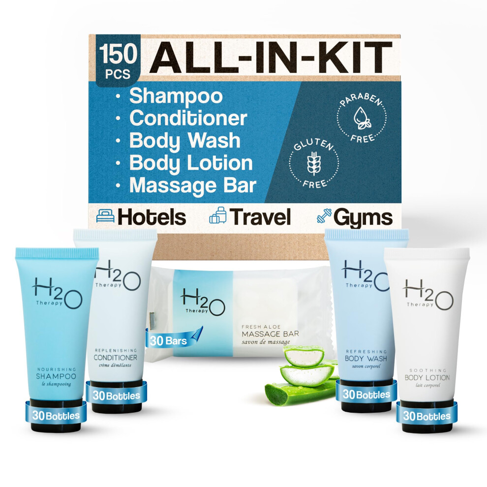 H2O Therapy Hotel Soaps and Toiletries Bulk Set  1-Shoppe All-In-Kit Amenities for Hotels & Airbnb  .85oz Hotel Shampoo & Conditioner  Body Wash-image-OPC-PHXTWTC-NEW