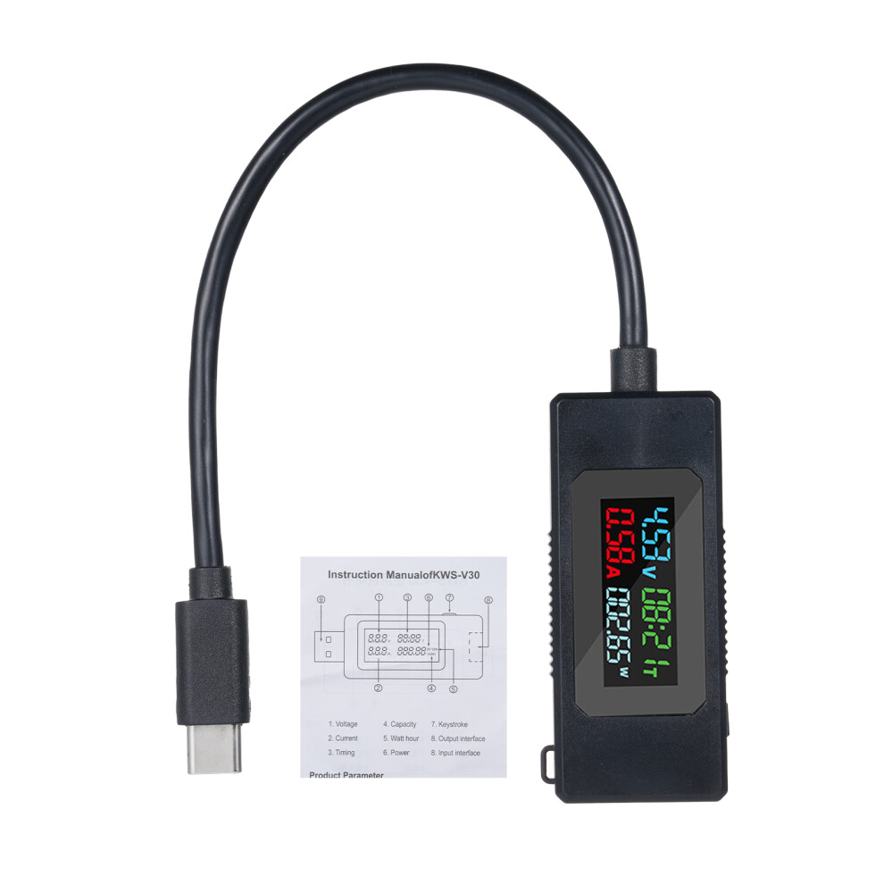 Kws-V30 Usb-C Voltage Tester Meter 4-30V 0-6.5A 195W Black/White 8731346440534