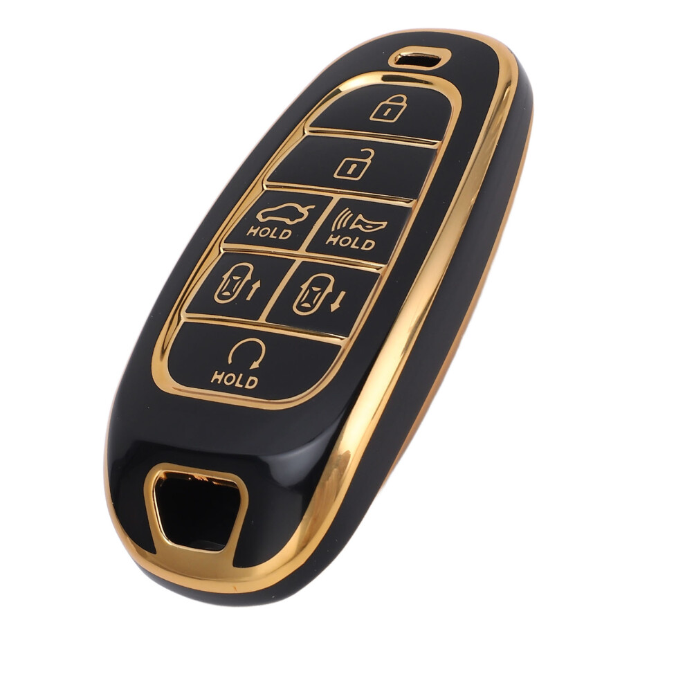 Pu Full Coverage 7-Button Car Key Fob Cover For Sonata Tucson Santa Cruz 2022-2024 Black 7691346449658