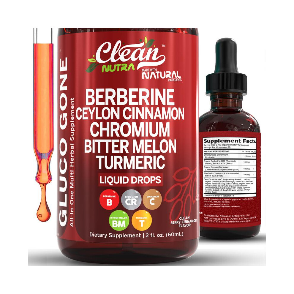 (1 Bottle) Organic Ceylon Cinnamon Berberine Liquid Drops Supplement with Bitter Melon Extract, Glucomannan, Gymnema, Chromium, Turmeric, Organic Pana