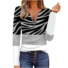 Pullover Women's Hoodie Long Sleeve Zip V-Neck Top Casual Gray T-Shirt Blouse Size L for Autumn and Winter
