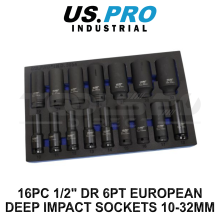 US PRO INDUSTRIAL 16pc 1/2" DR 6PT European Deep Impact Sockets 10 - 32mm 3954