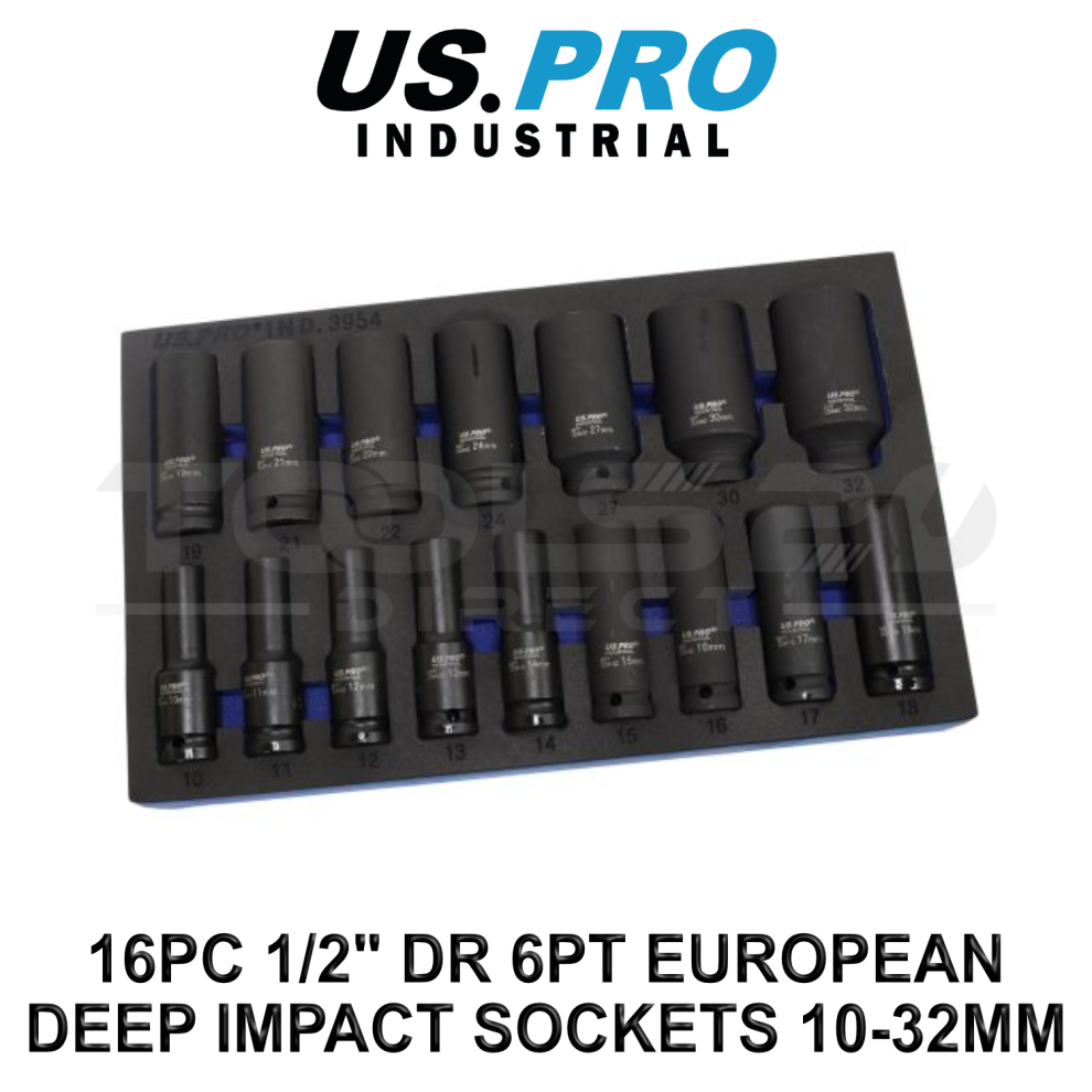 Us Pro Industrial 16Pc 1/2" Dr 6Pt European Deep Impact Sockets 10 - 32Mm 3954 5060848156173
