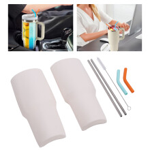 2-in-1 Drink Separator Cup 40oz with Silicone Liner & Steel Straws, White