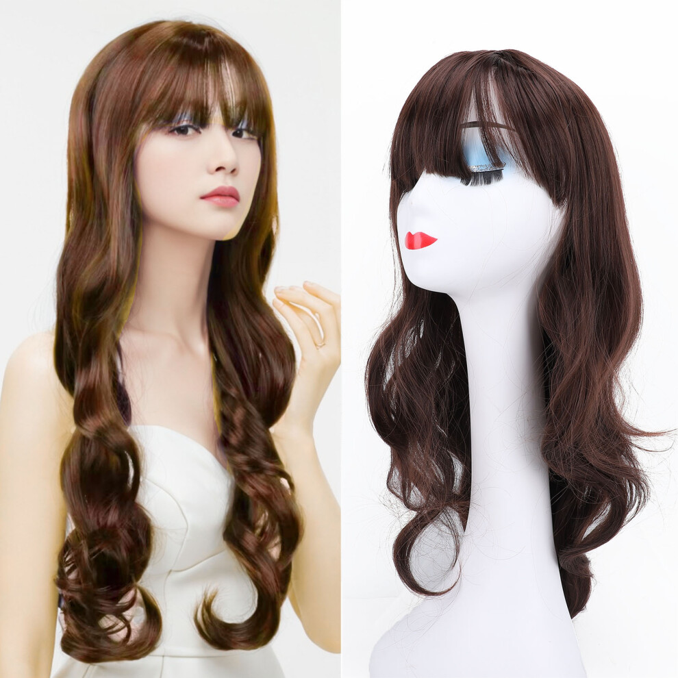 Dark Brown Air Bangs Wig, Long Curly Wavy Synthetic for Party