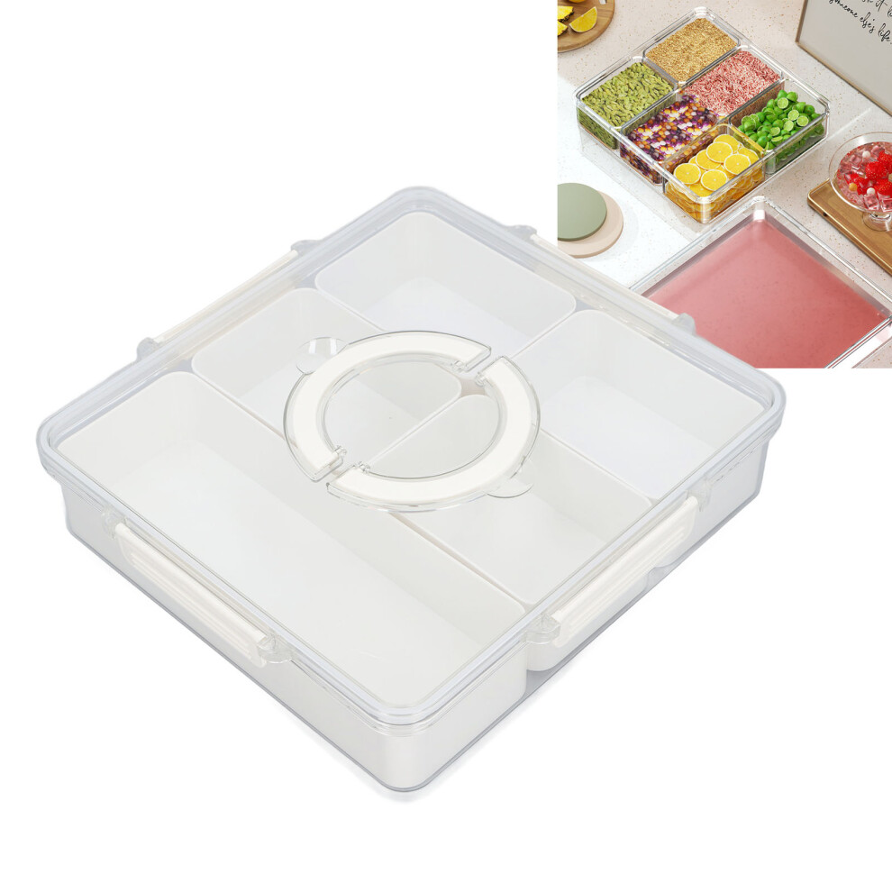 White Divided Plastic Snack Tray With Handle & Lid, 5 Grids, 34X32x7.5cm