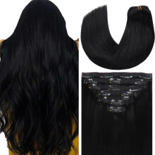 Loxxy 18 Inch Human Hair Clip in Extensions Full Head Glam Clip in Hair Extensions Real Human Hair Double Weft Brazilian Hair Jet Black #1 120g 7 pcs