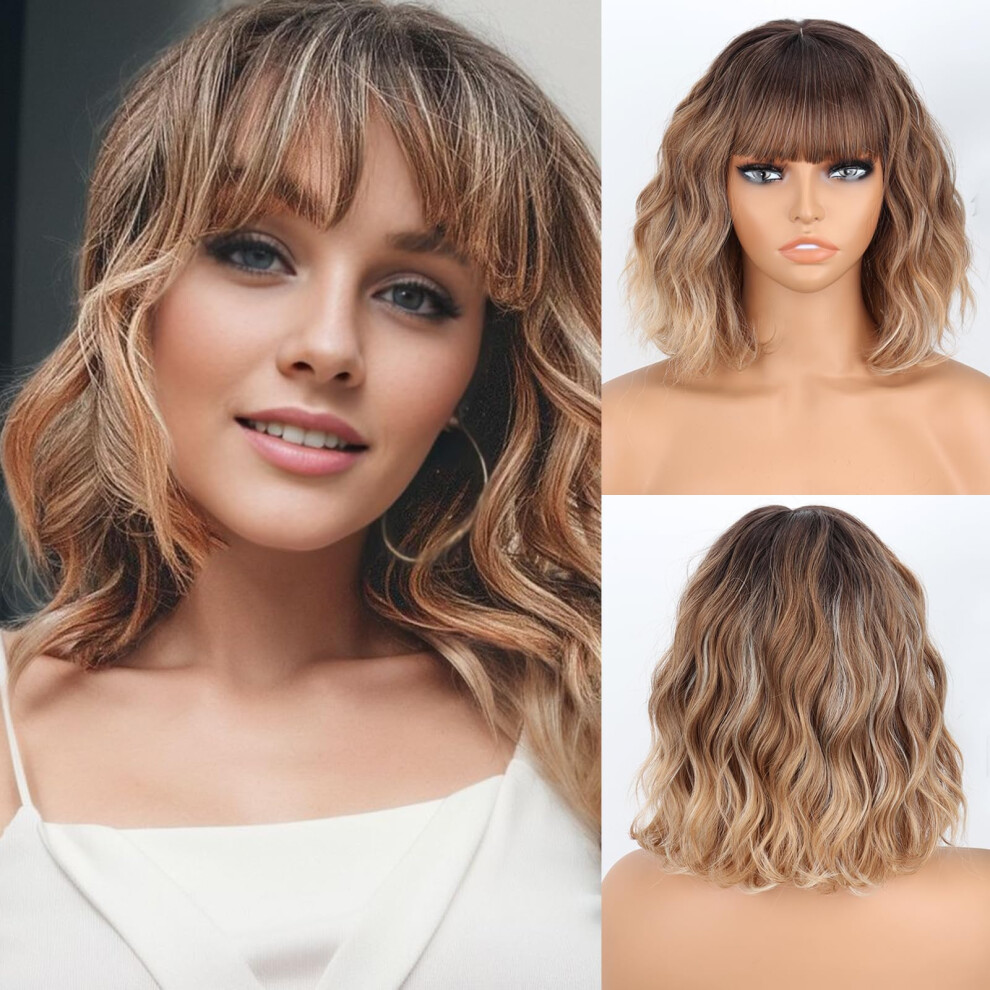 Missqueen Short Blonde Bob Wig For Women - Wavy -Blonde With Bangs, Synthetic Highlighted Wig (Code: B0cc53wnrw) Brown