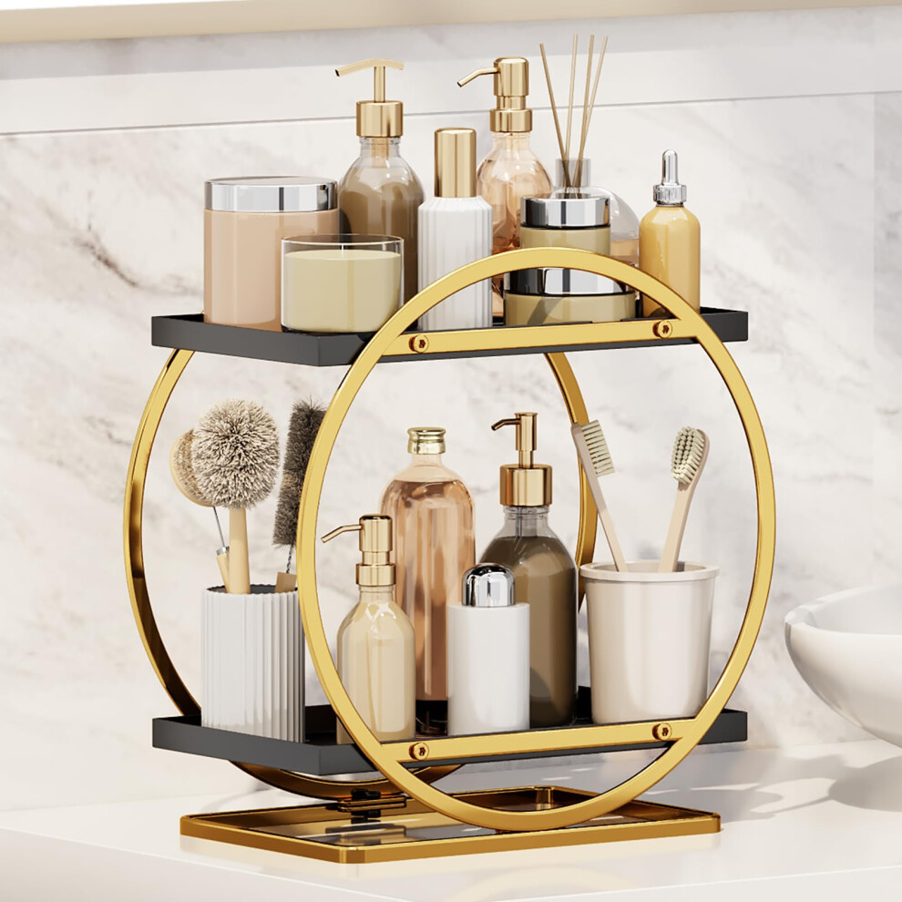 Makeup Organiser And Storage, 2 Tier And Cosmetics Display Tray For Perfume And Skincare, Bathroom And Coffee Station Black/Gold