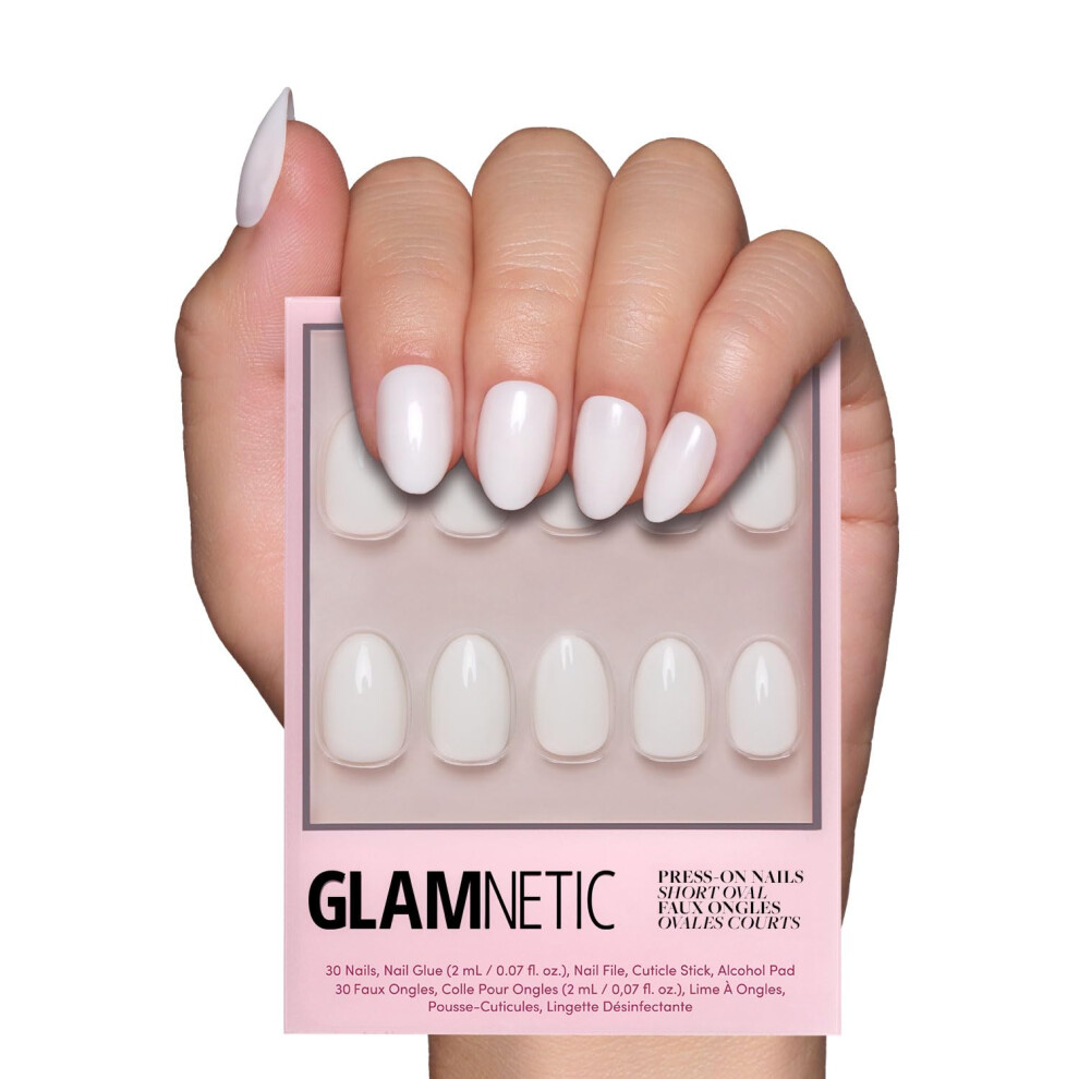 Glamnetic White Press On Nails - Swan | Opaque Classic Off Short Oval False Nails Reusable Stick On Fake Nails With Glue | Salon Quality |