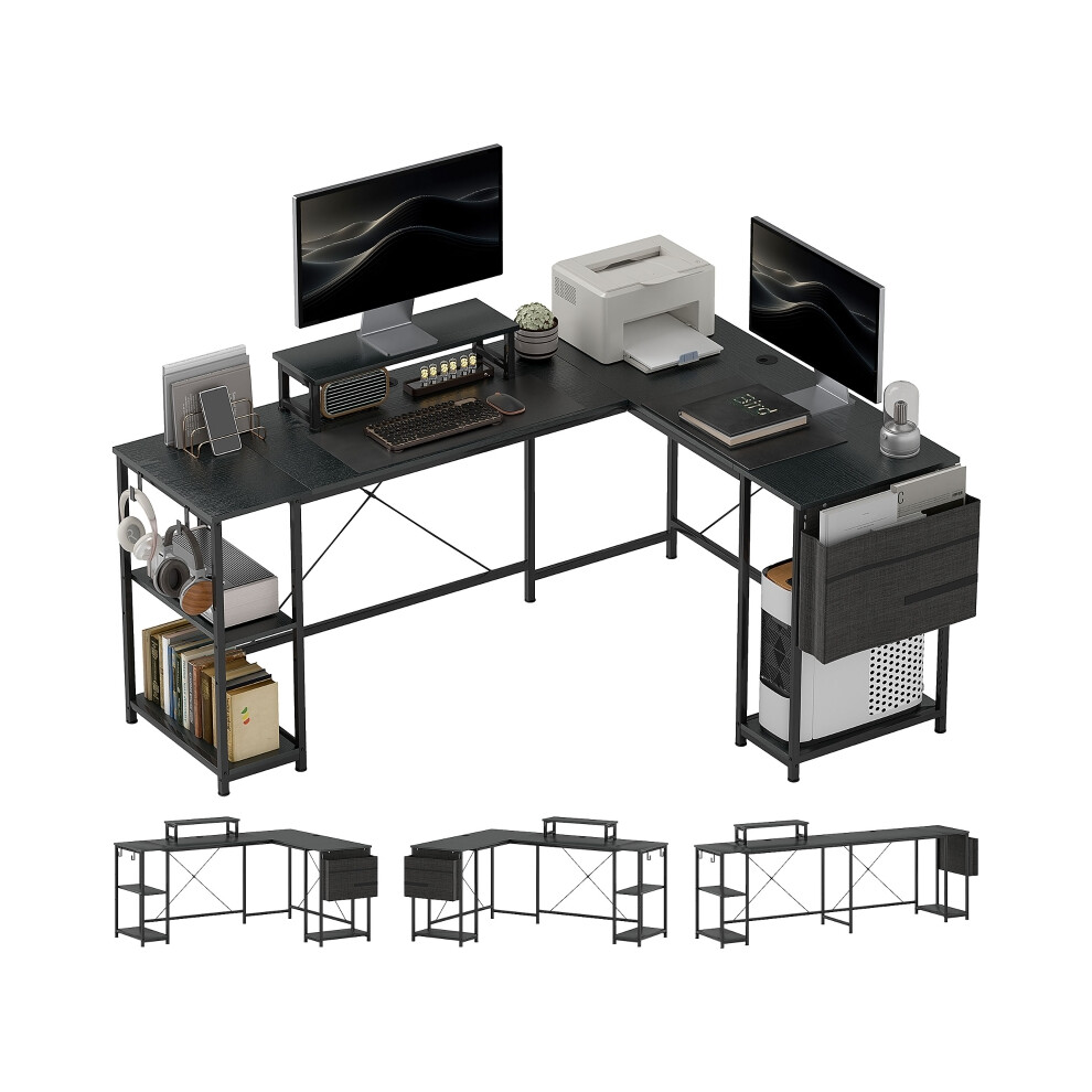 168cm Reversible L Shaped Corner Desk with Adjustable Shelf Storage Bag Monitor Stand Industrial Style Black for Home Office-image-OPC-PKBS8BP-NEW