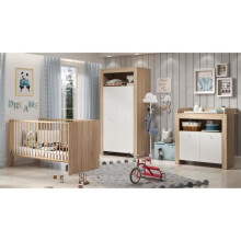 Camera per bebé trio PIA - Letto 70x140 cm + Comò fasciatoio 2 porte + Armadio 2 porte - Decorazione rovere sonoma e bianco opaco - TRENDTEAM