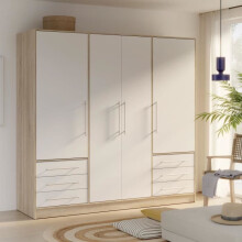 Armadio 4 ante battenti + 6 cassetti - Rovere e bianco - L 206 x P 60 x H 200 cm - JUPITER