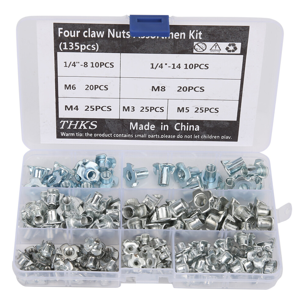 135pcs Carbon Steel Four Claw Nut Assortment Kit