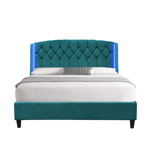 Comfy Living (5ft King Size, No Mattress) Fabric Bedframe With LED Headboard In Green 2