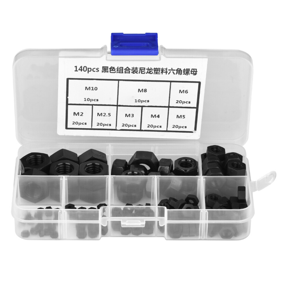 140Pcs M2/M2.5/M3/M4/M5/M6/M8/M10 Thread Nylon Black