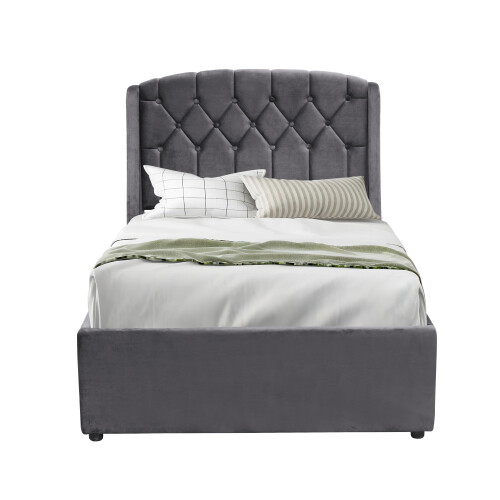 Comfy Living (3ft Single, No Mattress) Fabric Gas Lift Bedframe LED Headboard In Grey 2