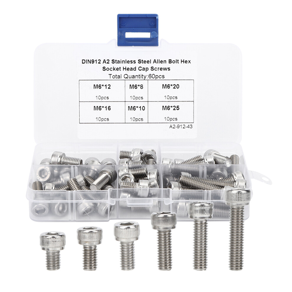 60Pcs Cap Hex Socket Screw Set M6 Stainless Steel