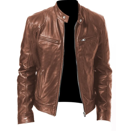 (S)Men's Motorcycle Leather Jacket Stand Collar Zipper Multi-Pocket