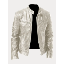 (M)Men's Motorcycle Leather Jacket Stand Collar Zipper Multi-Pocket