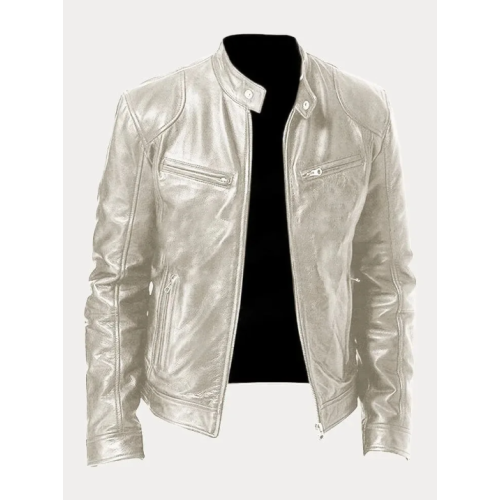 (M)Men's Motorcycle Leather Jacket Stand Collar Zipper Multi-Pocket