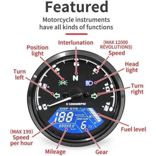 Gauge Speedometer Multi-Function Indicator Tachometer for Motorcycle - Black Modified Odometer with Bracket and Fuel Gauge 2