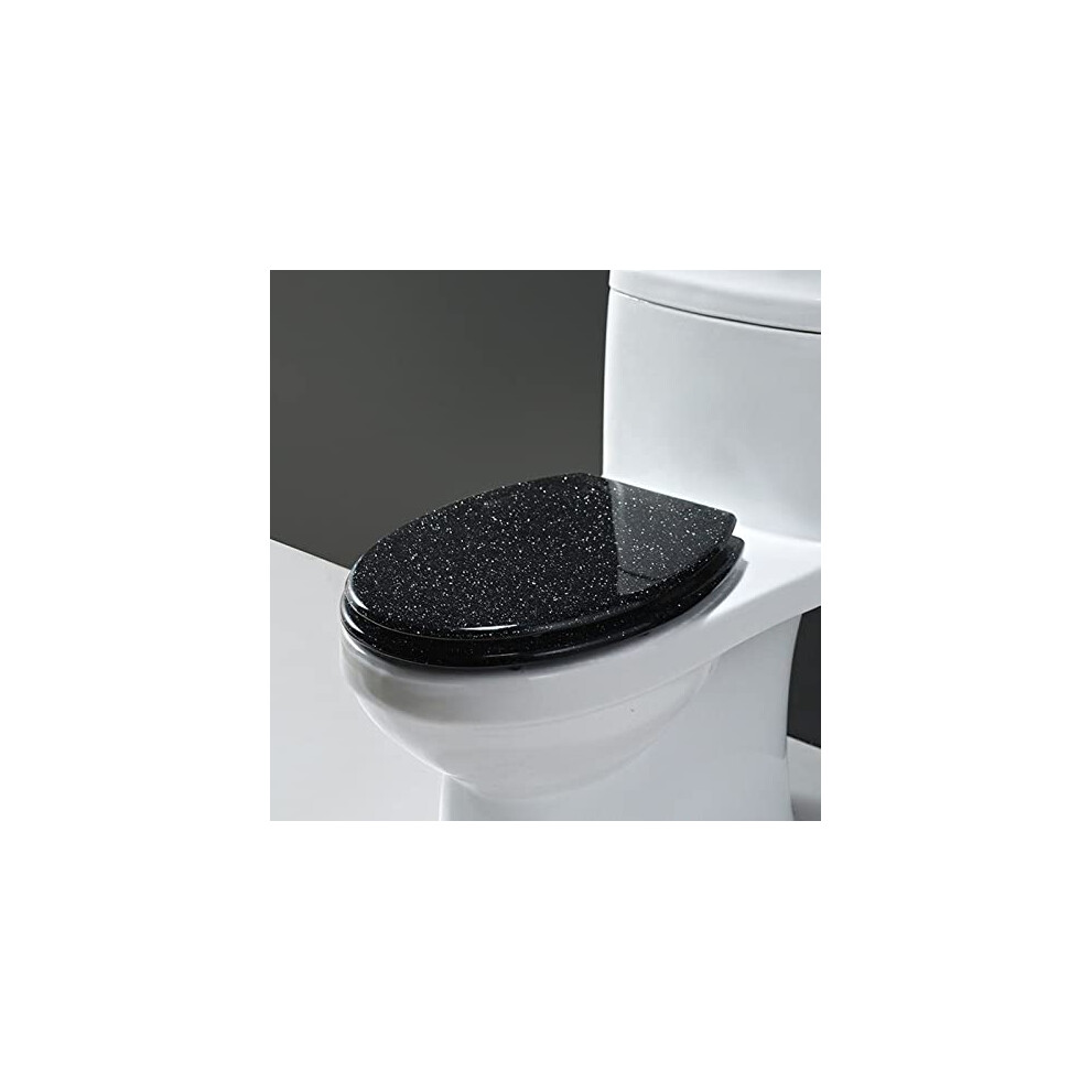 Sparkly Resin Elongated Toilet Seat With Black Glitter Design, Slow Close Lid, Easy Cleaning & Installation 6038364122896